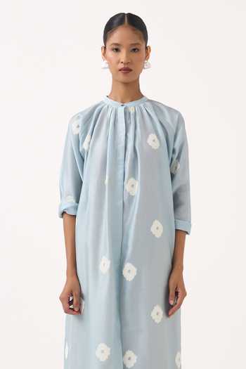 Buy Three Blue Chanderi, Muslin (mulmul) Mandarin Block Print Gather Neck Kurta And Pant Set Online at Aza Fashions Buy_Three_Blue Chanderi, Muslin (mulmul) Mandarin Block Print Gather Neck Kurta And Pant Set _Online_at_Aza_Fashions