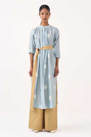 Shop Three Blue Chanderi, Muslin (mulmul) Mandarin Block Print Gather Neck Kurta And Pant Set Online at Aza Fashions Shop_Three_Blue Chanderi, Muslin (mulmul) Mandarin Block Print Gather Neck Kurta And Pant Set _Online_at_Aza_Fashions