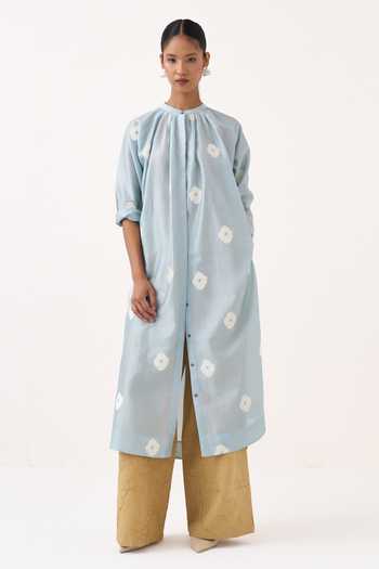 Three Blue Chanderi, Muslin (mulmul) Mandarin Block Print Gather Neck Kurta And Pant Set at Aza Fashions Three_Blue Chanderi, Muslin (mulmul) Mandarin Block Print Gather Neck Kurta And Pant Set _at_Aza_Fashions