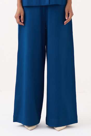 Three Cobalt Handloom Cotton Collared Back Drawstring Floral Shirt And Pant Co-ord Set Online at Aza Fashions Three_Cobalt Handloom Cotton Collared Back Drawstring Floral Shirt And Pant Co-ord Set _Online_at_Aza_Fashions