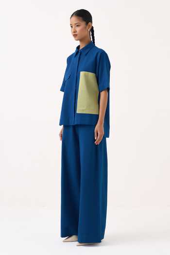 Buy Three Cobalt Handloom Cotton Collared Back Drawstring Floral Shirt And Pant Co-ord Set Online at Aza Fashions Buy_Three_Cobalt Handloom Cotton Collared Back Drawstring Floral Shirt And Pant Co-ord Set _Online_at_Aza_Fashions