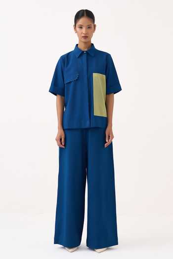Shop Three Cobalt Handloom Cotton Collared Back Drawstring Floral Shirt And Pant Co-ord Set Online at Aza Fashions Shop_Three_Cobalt Handloom Cotton Collared Back Drawstring Floral Shirt And Pant Co-ord Set _Online_at_Aza_Fashions