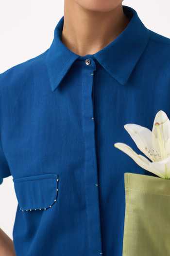 Three Cobalt Handloom Cotton Collared Back Drawstring Floral Shirt And Pant Co-ord Set at Aza Fashions Three_Cobalt Handloom Cotton Collared Back Drawstring Floral Shirt And Pant Co-ord Set _at_Aza_Fashions