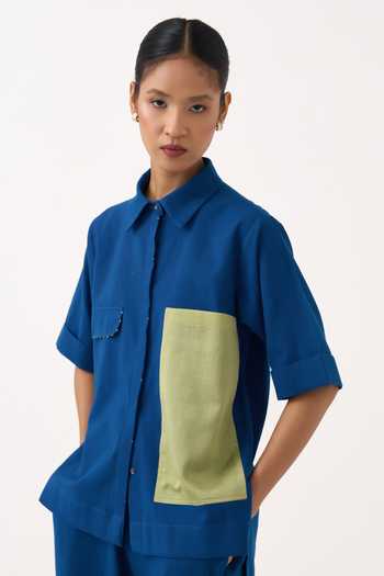 Buy Three Cobalt Handloom Cotton Collared Back Drawstring Floral Shirt And Pant Co-ord Set Buy_Three_Cobalt Handloom Cotton Collared Back Drawstring Floral Shirt And Pant Co-ord Set