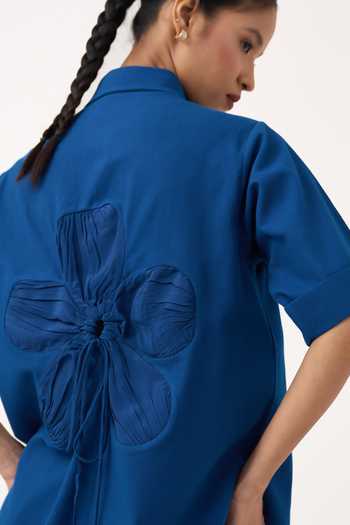 Shop Three Cobalt Handloom Cotton Collared Back Drawstring Floral Shirt And Pant Co-ord Set Shop_Three_Cobalt Handloom Cotton Collared Back Drawstring Floral Shirt And Pant Co-ord Set