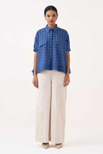 Three_Cobalt Muslin, Twill Collared Neck Wide Hem Checkered Shirt And Pant Set _Online_at_Aza_Fashions