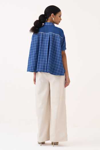 Three Wide Hem Checkered Shirt & Pant Set 