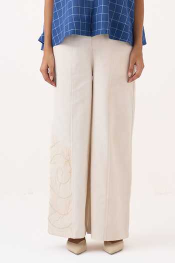 Buy_Three_Cobalt Muslin, Twill Collared Neck Wide Hem Checkered Shirt And Pant Set _Online_at_Aza_Fashions