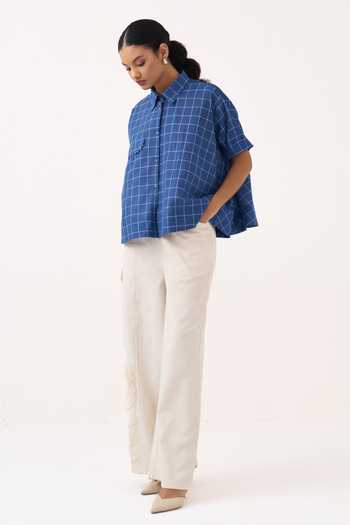Shop_Three_Cobalt Muslin, Twill Collared Neck Wide Hem Checkered Shirt And Pant Set _Online_at_Aza_Fashions