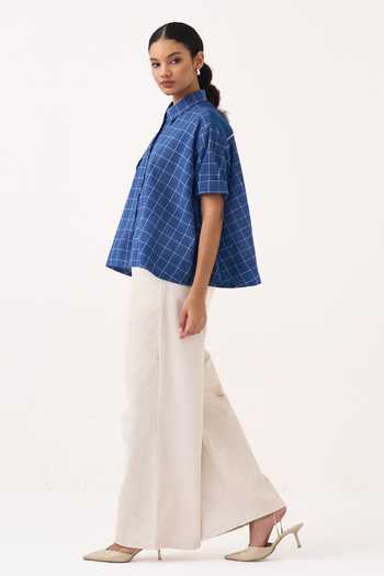Three_Cobalt Muslin, Twill Collared Neck Wide Hem Checkered Shirt And Pant Set _at_Aza_Fashions
