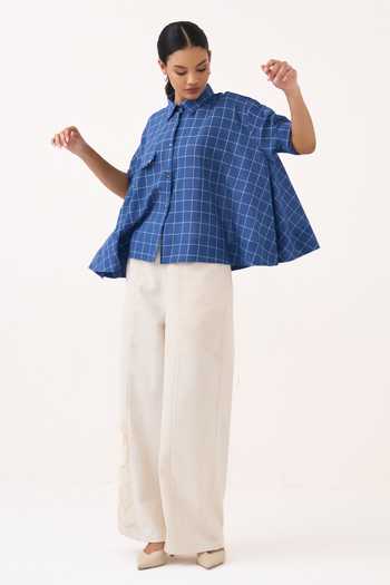 Buy_Three_Cobalt Muslin, Twill Collared Neck Wide Hem Checkered Shirt And Pant Set 
