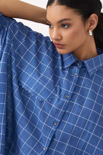 Shop_Three_Cobalt Muslin, Twill Collared Neck Wide Hem Checkered Shirt And Pant Set 