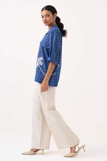Buy Three Cobalt Muslin (mulmul), Twill V-neck Embroidered Checkered Top And Pant Set Online at Aza Fashions Buy_Three_Cobalt Muslin (mulmul), Twill V-neck Embroidered Checkered Top And Pant Set _Online_at_Aza_Fashions