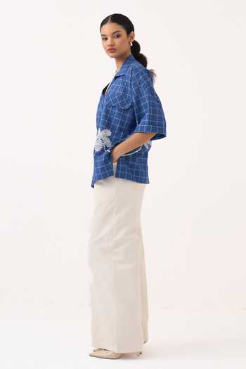 Shop Three Cobalt Muslin (mulmul), Twill V-neck Embroidered Checkered Top And Pant Set Online at Aza Fashions Shop_Three_Cobalt Muslin (mulmul), Twill V-neck Embroidered Checkered Top And Pant Set _Online_at_Aza_Fashions