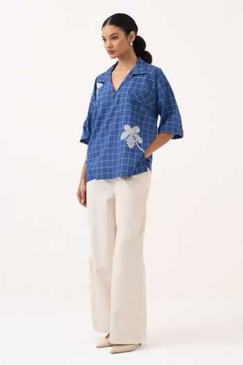 Three Cobalt Muslin (mulmul), Twill V-neck Embroidered Checkered Top And Pant Set at Aza Fashions Three_Cobalt Muslin (mulmul), Twill V-neck Embroidered Checkered Top And Pant Set _at_Aza_Fashions