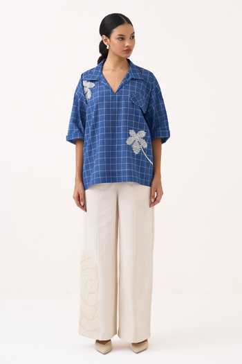 Buy Three Cobalt Muslin (mulmul), Twill V-neck Embroidered Checkered Top And Pant Set Buy_Three_Cobalt Muslin (mulmul), Twill V-neck Embroidered Checkered Top And Pant Set