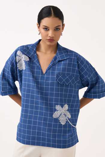 Shop Three Cobalt Muslin (mulmul), Twill V-neck Embroidered Checkered Top And Pant Set Shop_Three_Cobalt Muslin (mulmul), Twill V-neck Embroidered Checkered Top And Pant Set