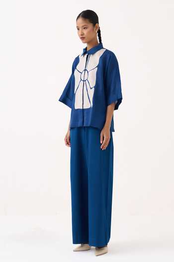 Three_Cobalt Chanderi, Cotton, Poplin Collared Neck Floral Applique Shirt And Pant Set _Online_at_Aza_Fashions