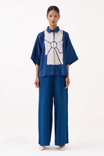 Buy_Three_Cobalt Chanderi, Cotton, Poplin Collared Neck Floral Applique Shirt And Pant Set _Online_at_Aza_Fashions
