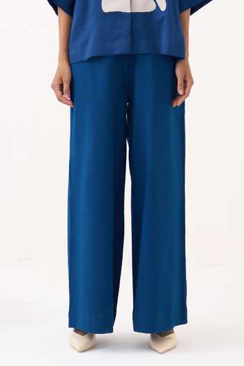 Shop_Three_Cobalt Chanderi, Cotton, Poplin Collared Neck Floral Applique Shirt And Pant Set _Online_at_Aza_Fashions