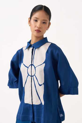 Three_Cobalt Chanderi, Cotton, Poplin Collared Neck Floral Applique Shirt And Pant Set _at_Aza_Fashions