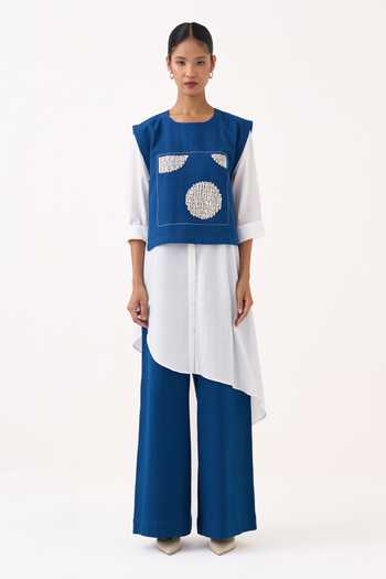 Shop_Three_Cobalt Handloom Cotton, Muslin Beads Round Embroidered Overlay And Pant Co-ord Set _Online_at_Aza_Fashions
