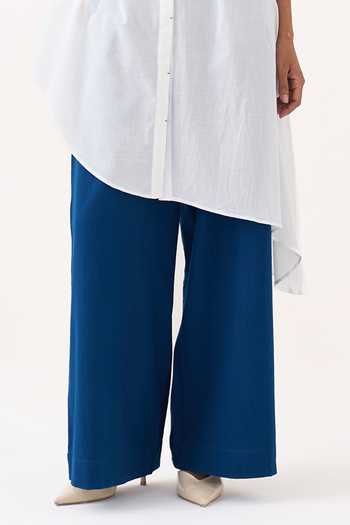 Three_Cobalt Handloom Cotton, Muslin Beads Round Embroidered Overlay And Pant Co-ord Set _at_Aza_Fashions