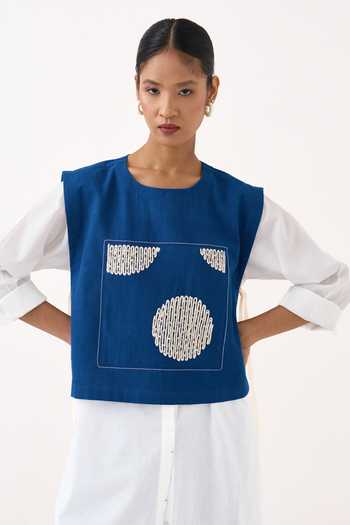 Shop_Three_Cobalt Handloom Cotton, Muslin Beads Round Embroidered Overlay And Pant Co-ord Set 