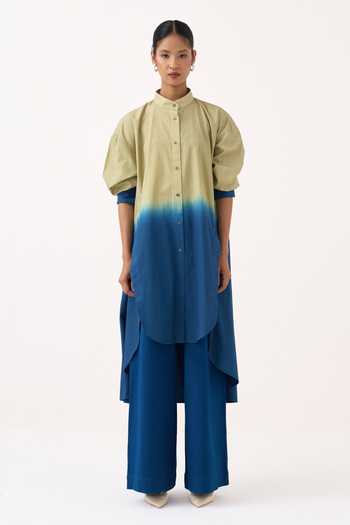 Three Green Cotton, Poplin Mandarin Collar Dip Dye Side Button Tunic And Pant Set Online at Aza Fashions Three_Green Cotton, Poplin Mandarin Collar Dip Dye Side Button Tunic And Pant Set _Online_at_Aza_Fashions