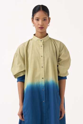 Shop Three Green Cotton, Poplin Mandarin Collar Dip Dye Side Button Tunic And Pant Set Online at Aza Fashions Shop_Three_Green Cotton, Poplin Mandarin Collar Dip Dye Side Button Tunic And Pant Set _Online_at_Aza_Fashions