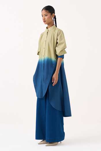Three Green Cotton, Poplin Mandarin Collar Dip Dye Side Button Tunic And Pant Set at Aza Fashions Three_Green Cotton, Poplin Mandarin Collar Dip Dye Side Button Tunic And Pant Set _at_Aza_Fashions