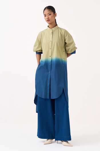 Buy Three Green Cotton, Poplin Mandarin Collar Dip Dye Side Button Tunic And Pant Set Buy_Three_Green Cotton, Poplin Mandarin Collar Dip Dye Side Button Tunic And Pant Set