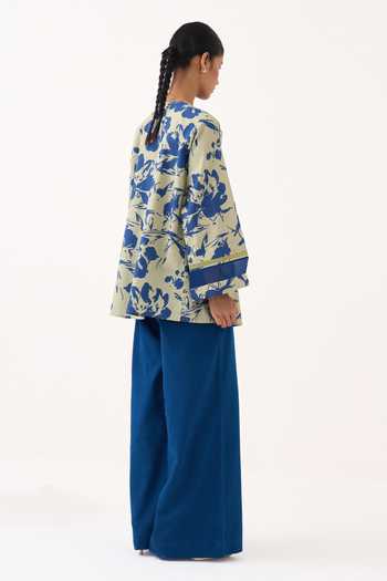 Shop Three Green Poplin Round Neck Wide Sleeve Gather Top And Pant Set Online at Aza Fashions Shop_Three_Green Poplin Round Neck Wide Sleeve Gather Top And Pant Set _Online_at_Aza_Fashions