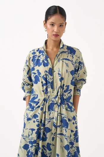 Buy Three Green Cotton, Poplin Mandarin Collar, Yes Drawstring Floral Tunic And Pant Set Online at Aza Fashions Buy_Three_Green Cotton, Poplin Mandarin Collar, Yes Drawstring Floral Tunic And Pant Set _Online_at_Aza_Fashions