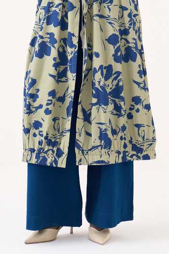 Shop Three Green Cotton, Poplin Mandarin Collar, Yes Drawstring Floral Tunic And Pant Set Online at Aza Fashions Shop_Three_Green Cotton, Poplin Mandarin Collar, Yes Drawstring Floral Tunic And Pant Set _Online_at_Aza_Fashions