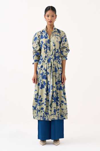 Buy Three Green Cotton, Poplin Mandarin Collar, Yes Drawstring Floral Tunic And Pant Set Buy_Three_Green Cotton, Poplin Mandarin Collar, Yes Drawstring Floral Tunic And Pant Set