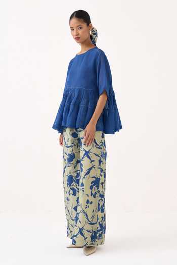 Three Cobalt Organza, Cotton, Poplin Round Neck Yoke Gathered Top And Pant Set Online at Aza Fashions Three_Cobalt Organza, Cotton, Poplin Round Neck Yoke Gathered Top And Pant Set _Online_at_Aza_Fashions