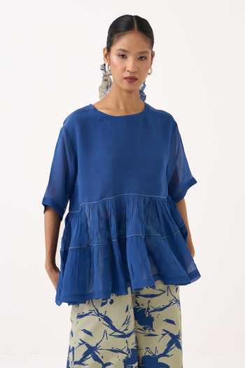 Buy Three Cobalt Organza, Cotton, Poplin Round Neck Yoke Gathered Top And Pant Set Online at Aza Fashions Buy_Three_Cobalt Organza, Cotton, Poplin Round Neck Yoke Gathered Top And Pant Set _Online_at_Aza_Fashions