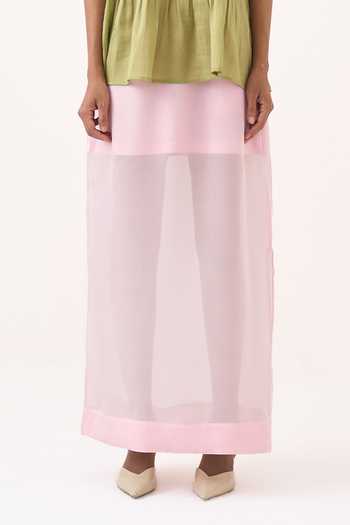 Three Green Chanderi, Muslin (mulmul), Organza Sleeveless Yoke Gather Top And Skirt Set Online at Aza Fashions Three_Green Chanderi, Muslin (mulmul), Organza Sleeveless Yoke Gather Top And Skirt Set _Online_at_Aza_Fashions