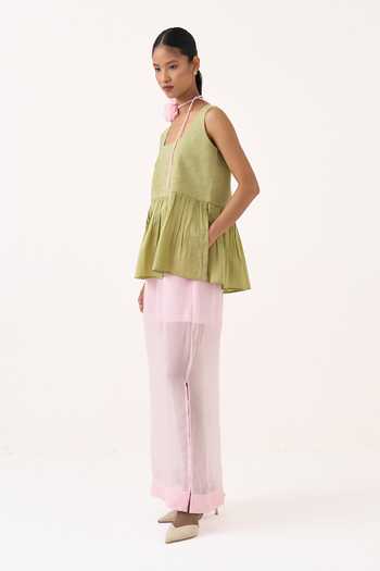 Buy Three Green Chanderi, Muslin (mulmul), Organza Sleeveless Yoke Gather Top And Skirt Set Online at Aza Fashions Buy_Three_Green Chanderi, Muslin (mulmul), Organza Sleeveless Yoke Gather Top And Skirt Set _Online_at_Aza_Fashions