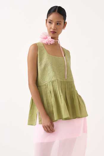 Shop Three Green Chanderi, Muslin (mulmul), Organza Sleeveless Yoke Gather Top And Skirt Set Online at Aza Fashions Shop_Three_Green Chanderi, Muslin (mulmul), Organza Sleeveless Yoke Gather Top And Skirt Set _Online_at_Aza_Fashions