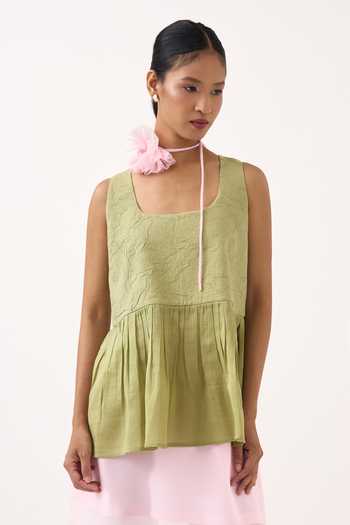 Three Green Chanderi, Muslin (mulmul), Organza Sleeveless Yoke Gather Top And Skirt Set at Aza Fashions Three_Green Chanderi, Muslin (mulmul), Organza Sleeveless Yoke Gather Top And Skirt Set _at_Aza_Fashions