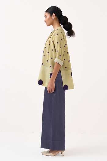 Three Green Crepe, Satin Mandarin Collar Polka Peasant Top And Pant Set Online at Aza Fashions Three_Green Crepe, Satin Mandarin Collar Polka Peasant Top And Pant Set _Online_at_Aza_Fashions