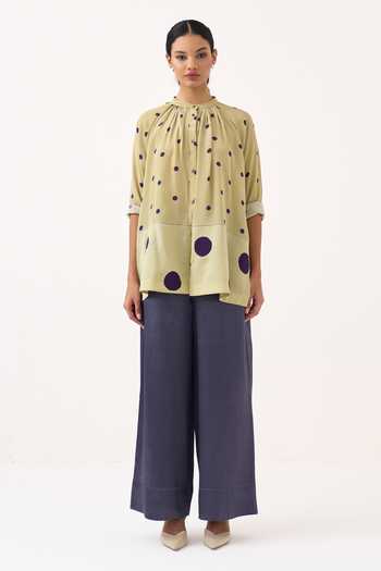Buy Three Green Crepe, Satin Mandarin Collar Polka Peasant Top And Pant Set Online at Aza Fashions Buy_Three_Green Crepe, Satin Mandarin Collar Polka Peasant Top And Pant Set _Online_at_Aza_Fashions