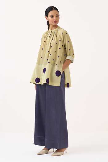 Shop Three Green Crepe, Satin Mandarin Collar Polka Peasant Top And Pant Set Online at Aza Fashions Shop_Three_Green Crepe, Satin Mandarin Collar Polka Peasant Top And Pant Set _Online_at_Aza_Fashions