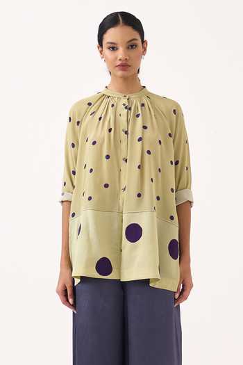 Buy Three Green Crepe, Satin Mandarin Collar Polka Peasant Top And Pant Set Buy_Three_Green Crepe, Satin Mandarin Collar Polka Peasant Top And Pant Set