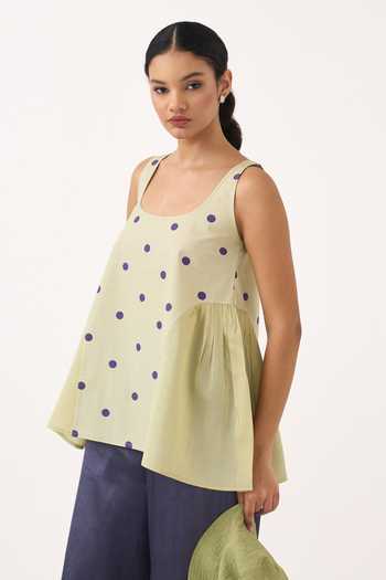 Buy Three Green Poplin, Chanderi Scoop Neck Side U Gather Top And Pant Set Buy_Three_Green Poplin, Chanderi Scoop Neck Side U Gather Top And Pant Set