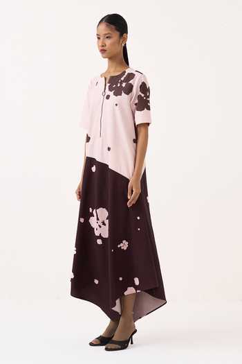 Buy_Three_Pink Cotton Round Neck Color Block Handkerchief Dress _Online_at_Aza_Fashions