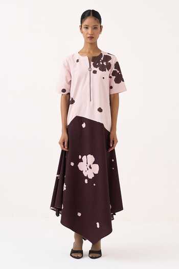 Shop_Three_Pink Cotton Round Neck Color Block Handkerchief Dress _Online_at_Aza_Fashions