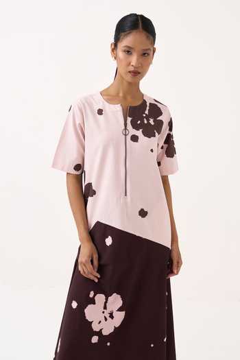 Three_Pink Cotton Round Neck Color Block Handkerchief Dress _at_Aza_Fashions